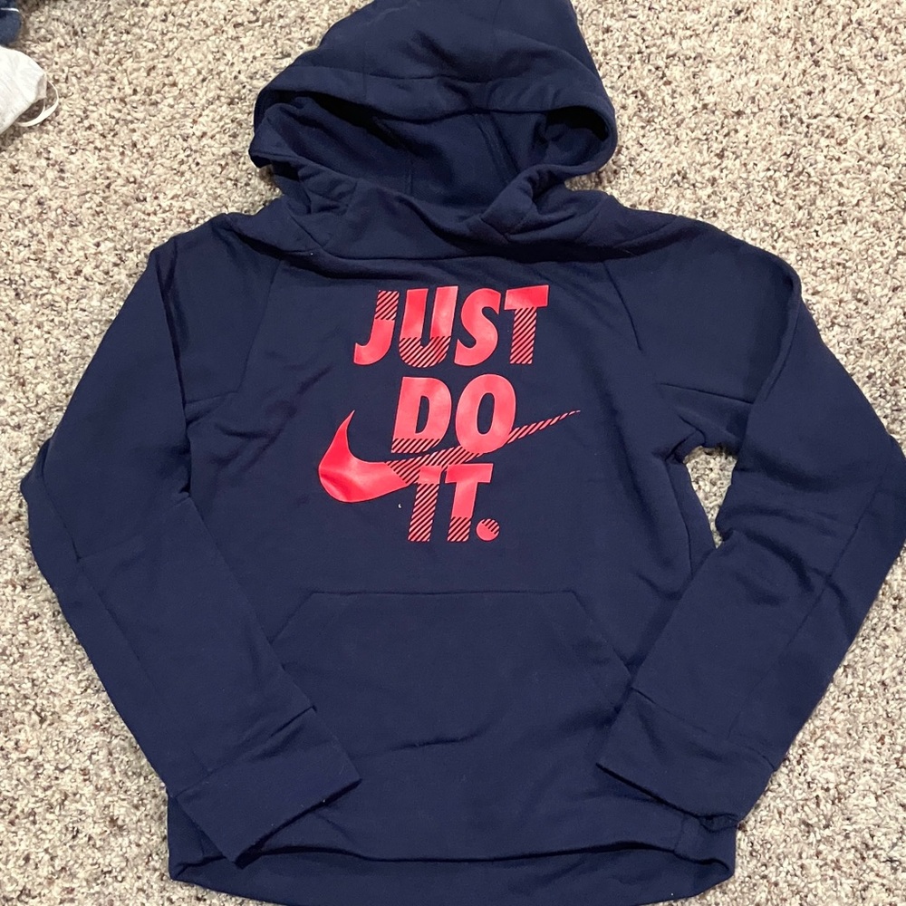 Nike Dri-FIT Hoodie Youth Size 7 Navy Blue Just Do It Red Logo
